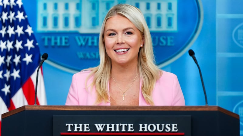 FILE - White House press secretary Karoline Leavitt speaks with reporters in the James Brady...