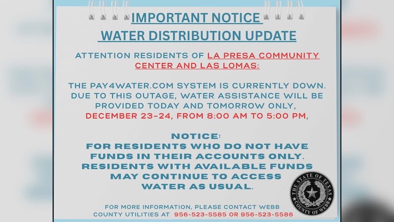 Webb County will provide water assistance Tuesday and Wednesday after a system outage...