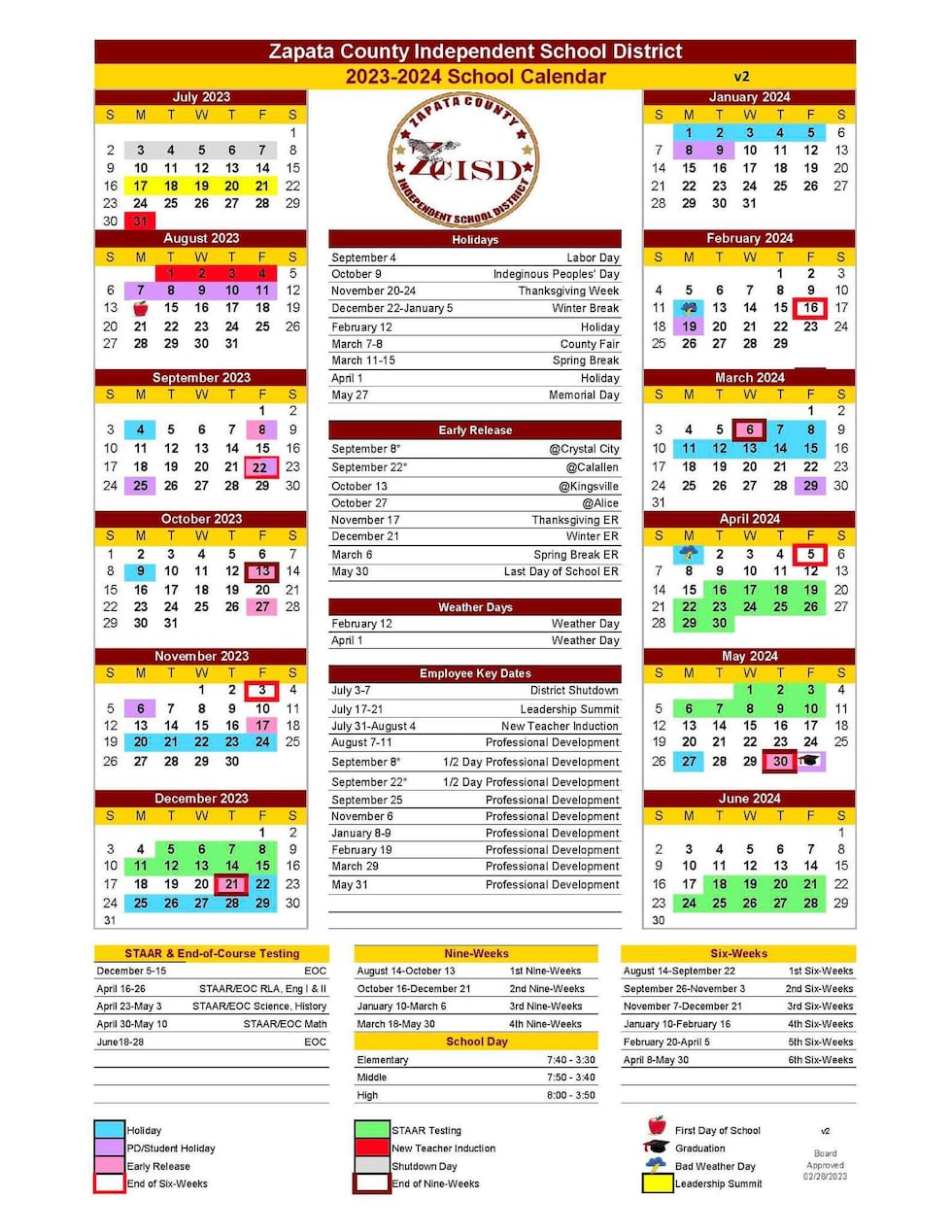 Zapata County ISD calendar