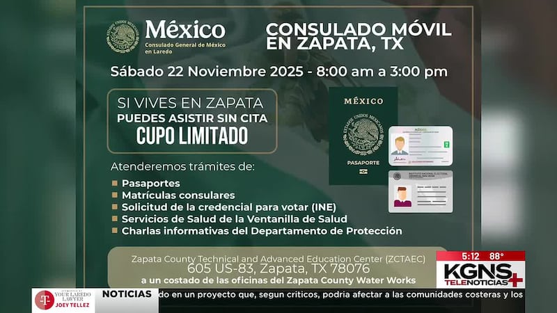 Consulado Móvil de México visitará Zapata, Texas