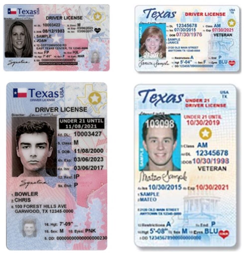 Texas driver licenses that have a gold circle with a white star on the top right of the ID...