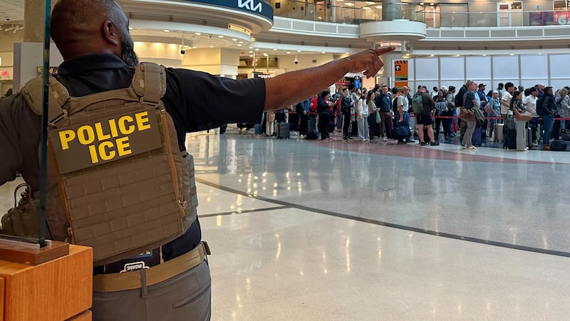 A federal immigration agent is seen as people wait in a TSA line at the Hartsfield-Jackson...