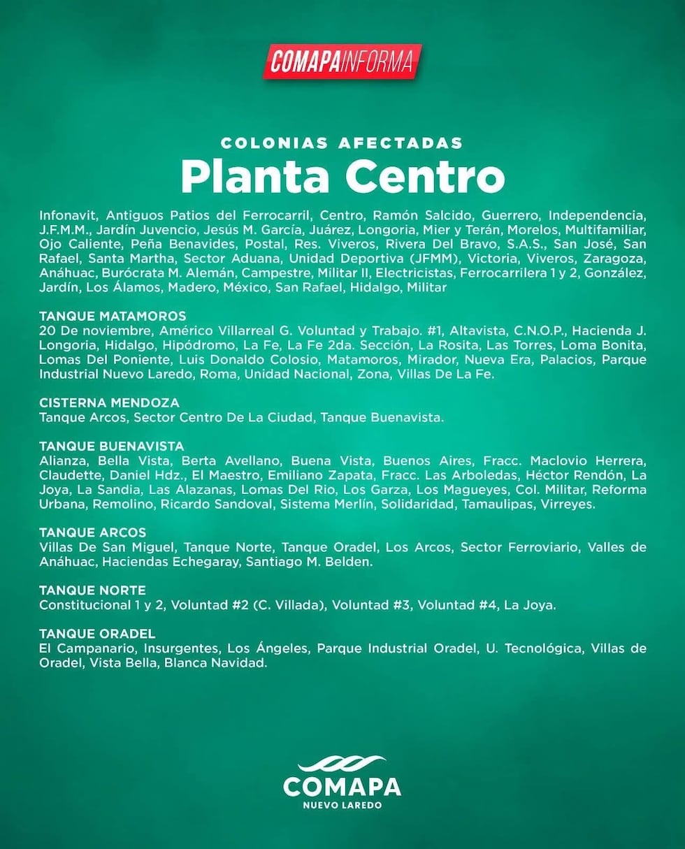 Colonias afectadas por trabajos programados en Nuevo Laredo