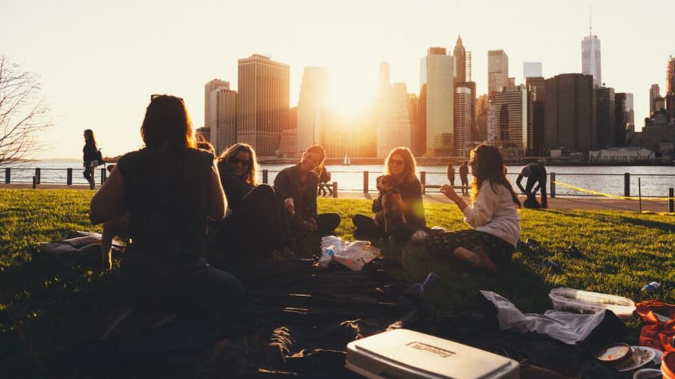 People sitting in the grass in front of a cityscape.