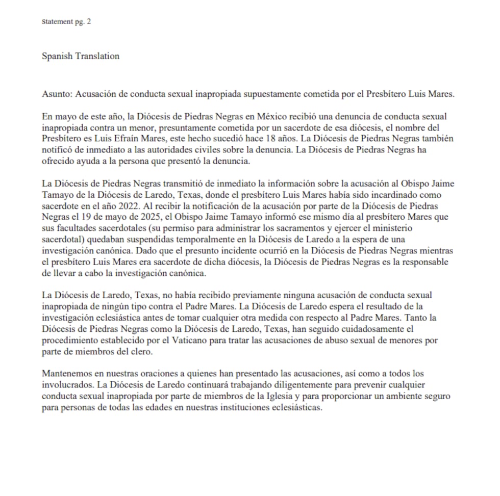 Diocese of Laredo Statement 11-29-2025