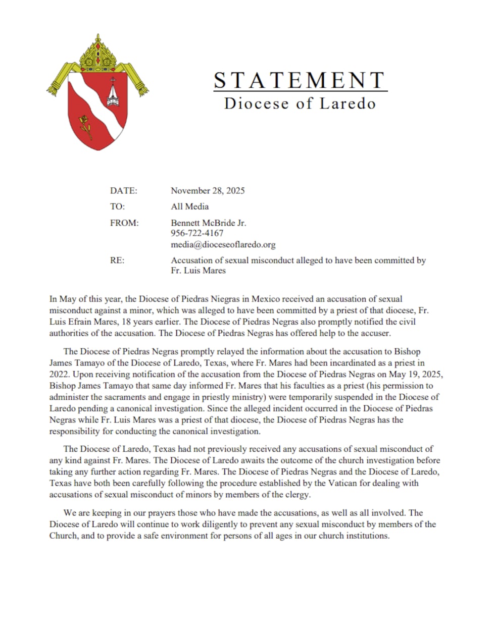 Diocese of Laredo Statement 11-29-2025