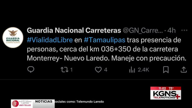 Reportan carretera Monterrey-Nuevo Laredo abierta