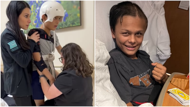 Ryen Harris-Contreras walked with the assistance of therapists at a rehabilitation facility,...