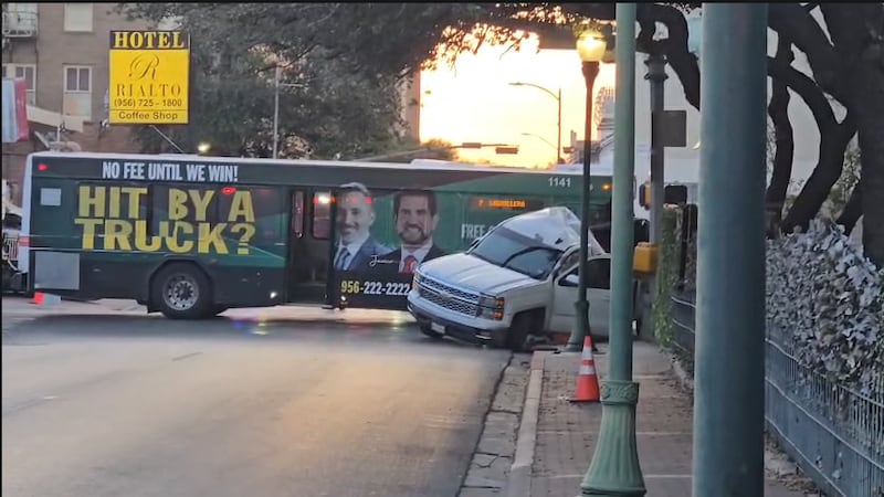 Pickup truck, El Metro bus crash closes Matamoros/Convent intersection