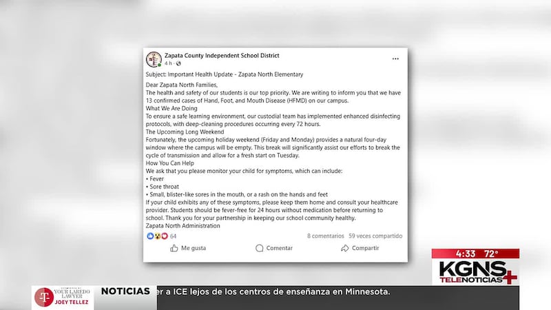 Confirman casos de la enfermedad “manos, pies y boca” en Zapata North Elementary