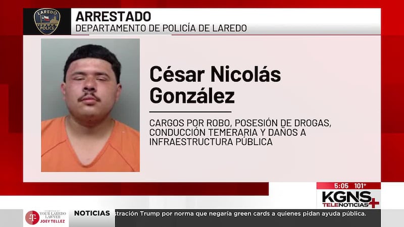 Arrestan a hombre en Laredo por robo de auto, choque y posesión de drogas