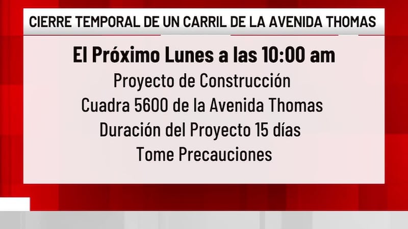 Anuncian cierre temporal de carril en Thomas Avenue