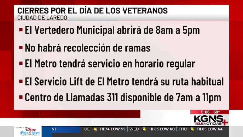 Cierres por el Día de los Veteranos en Laredo